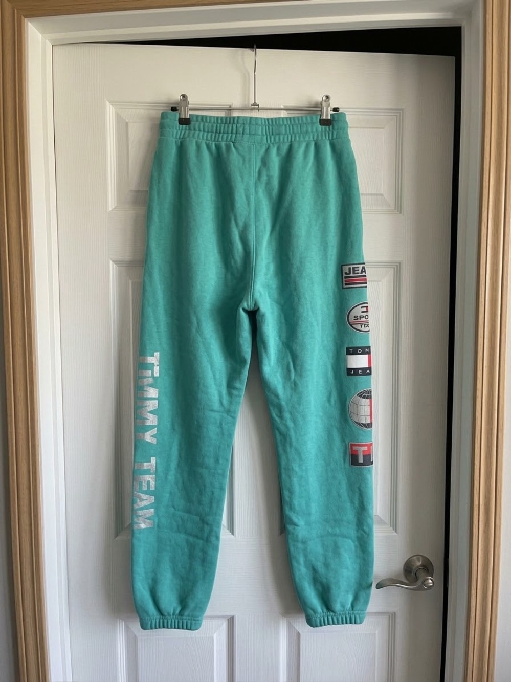 Tommy Jeans Large Teal Sport Tech Fleece Joggers Sweatpants Retro Graphic